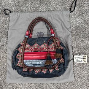Isabella Fiore Blue Leather Handbag Embroidered Detail